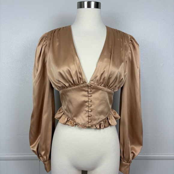 Song of Style Marla Champagne Gold Blouse Corset Waist Crop Size S Satin Ruffle - Picture 1 of 16